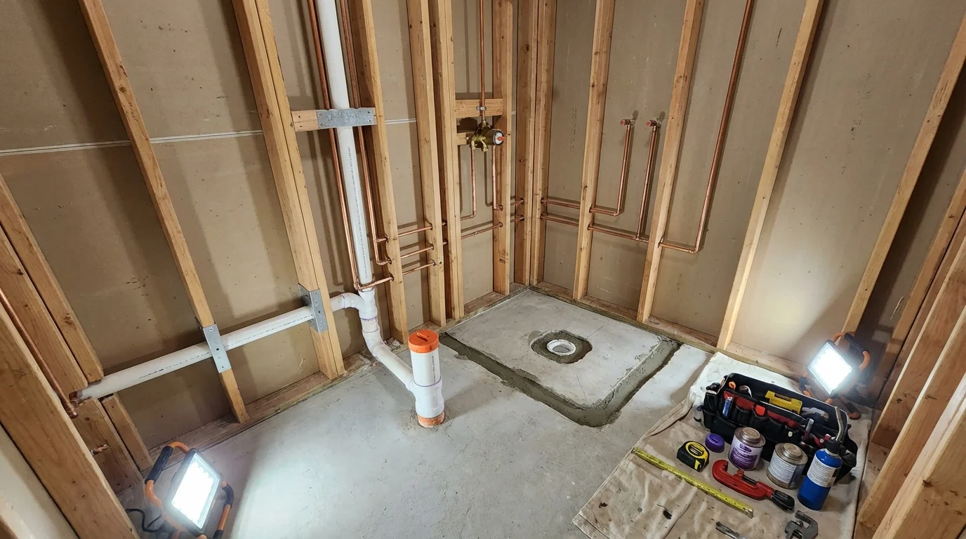 Bathroom rough-in plumbing during remodel by Johns Plumbing LLC in Center Line