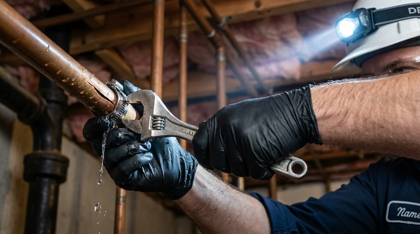 Emergency pipe clamp repair being performed by a Johns Plumbing LLC plumber in Center Line
