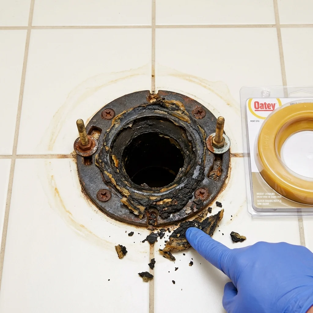 Failed wax ring showing water seepage at the base of a toilet in a Center Line, MI home