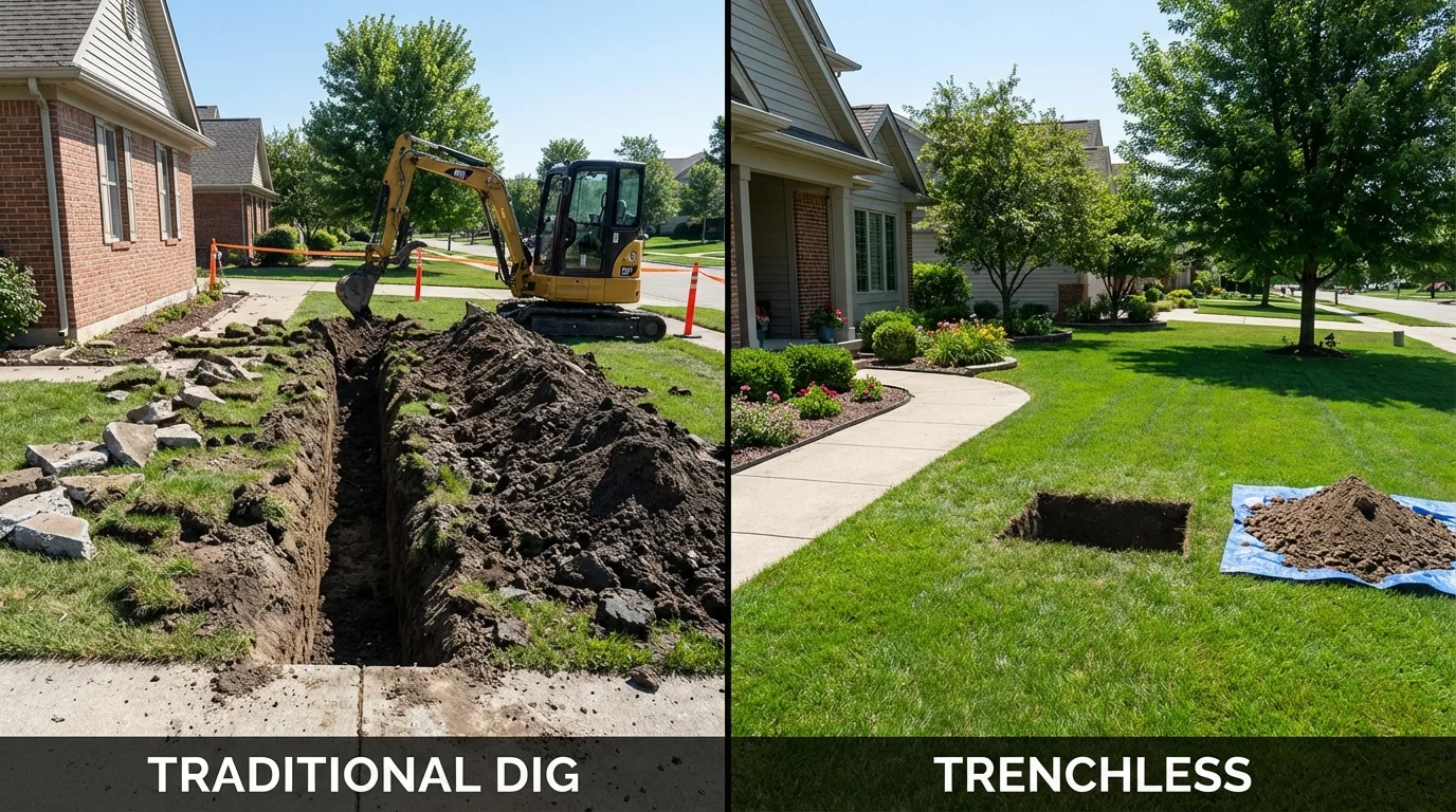 Trenchless sewer repair with minimal yard damage versus traditional excavation in Center Line, MI