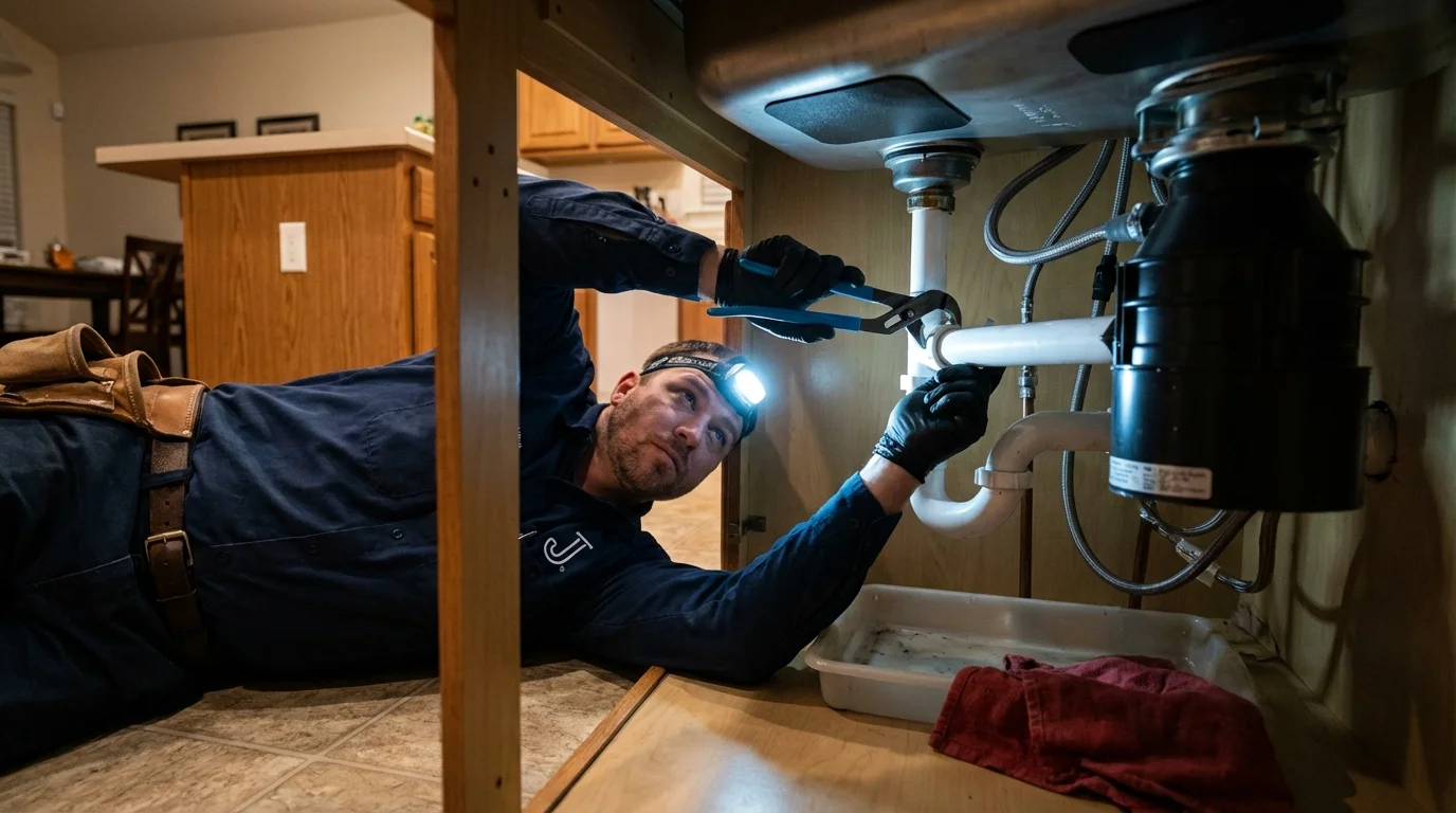 P-trap and supply line connections under a kitchen sink showing a common leak point in Center Line, MI